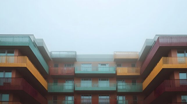 Modern apartment building with a colorful facade of balconies partially veiled by atmospheric fog