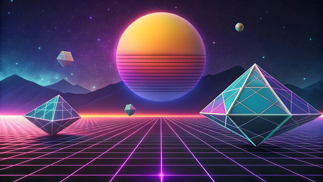 retro futuristic synthwave sunset with neon grid and geometric shapes