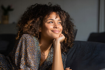 Daydreaming Bliss: A young woman, radiating serenity, lounges on a sofa. bathed in the warmth of sunlight, lost in a reverie. with a content smile and a sense of peaceful contemplation.