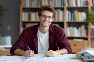 Focused Scholar at Study: A focused scholar sits at a desk in the home or library, surrounded by documents, pens and books, radiating intelligence and studiousness. He writes with a smile.