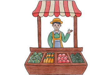 Friendly Street Vendor Waving and Greeting Customers watercolor style