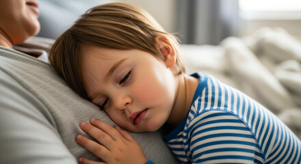 Toddler resting on parent shoulder, peaceful child bonding and comfort in cozy bedroom setting