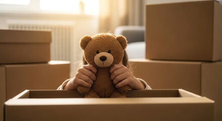 Child’s hands holding stuffed animal, Moving day with teddy bear in cardboard box, family relocation and home transition