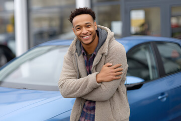 Man and His New Automobile: A smiling man, radiates joy as he stands proudly next to his sleek, new automobile in front of a car dealership.