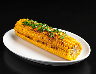 A roasted corn on a white plate isolated on a black background