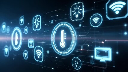 Futuristic digital interface displaying smart home technology icons and data streams on a dark background. - Powered by Adobe