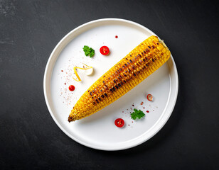 A roasted corn on a white plate isolated on a black background