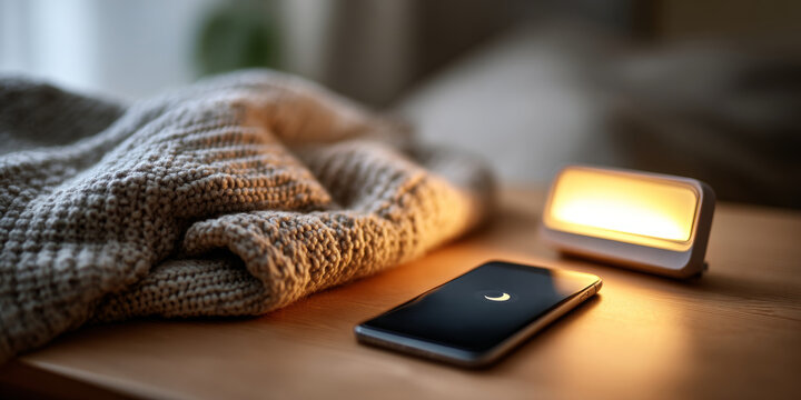 Cozy knitted blanket with smartphone displaying moon icon and warm bedside lamp on wooden table in soft ambient lighting