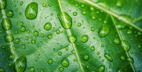 Beautiful details of nature. Morning dew drops on fresh green leaf. Summer nature macro pattern, fresh rain drops on green leaf. Peaceful tranquil ecology Beauty in nature. Relaxing soft blue green