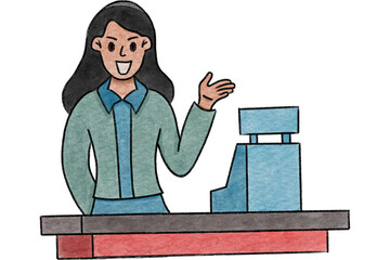 Friendly Young Female Cashier Waving and Smiling to Welcome Customers at the Retail Store Checkout watercolor style