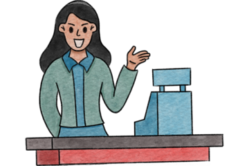 Friendly Young Female Cashier Waving and Smiling to Welcome Customers at the Retail Store Checkout watercolor style