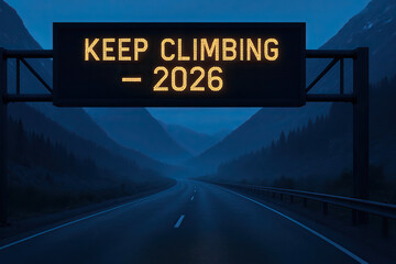 Keep climbing strategic planning goal illuminated highway sign at night over empty mountain road with moody blue foggy atmosphere