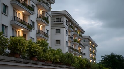 Obraz premium Modern apartment buildings with balconies illuminated and lush greenery under a cloudy sky