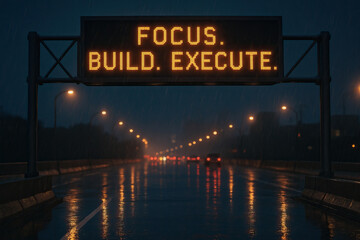 Focused strategic planning goal sign on rainy highway with glowing letters at night conveying determination and action oriented emotion