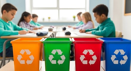 Children are learning about recycling in a classroom with colorful bins, teaching environmental awareness and sustainability for a better future generation