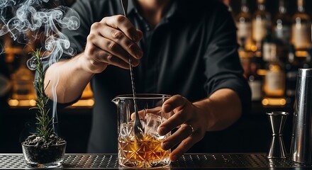 Mixologist stirring an artisanal cocktail with smoking rosemary in a dark bar, representing craft mixology and a luxury speakeasy experience