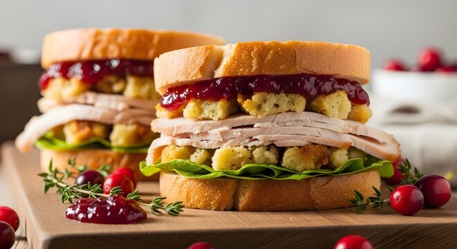 Delicious thanksgiving leftover sandwich featuring turkey, stuffing, cranberry sauce, and lettuce on toasted bread, a festive and flavorful meal on a wooden board