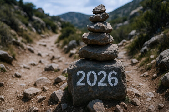 Stone cairn on mountain trail symbolizes strategic planning and goal setting for year ahead with stacked rock balance evoking calm determination and outdoor journey - Powered by Adobe