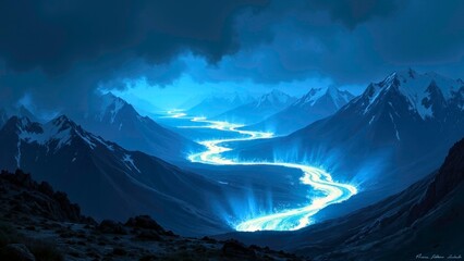 Blue Electric Mountain Natural Art Map