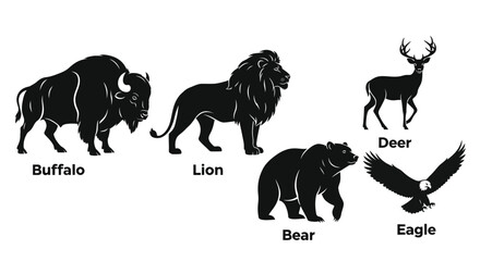 Silhouette illustrations of a bison lion deer bear eagle and wildlife