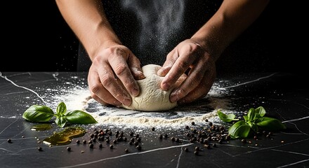 Chef's hands kneading fresh dough with flour on a dark countertop, representing artisan baking, culinary passion, and the art of handmade food