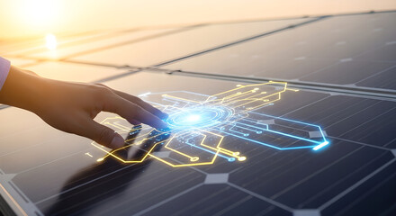 Hand touching glowing digital circuit overlay on solar panel. Futuristic renewable energy technology. Sustainable power innovation and clean electricity concept at sunset.