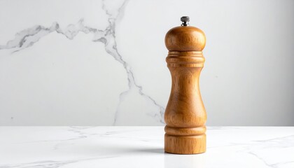 Wood pepper mill on a white marble surface