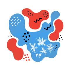 Abstract winter illustration with organic blue and red shapes and snowflakes in modern flat design, representing dynamic cold weather and seasonal energy