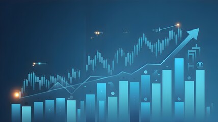 Rising financial chart showing market growth with upward trend lines and glowing indicators across blue background