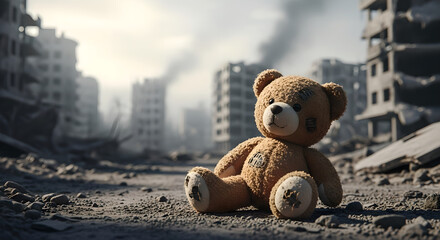 Teddy bear sitting on rubble in war-torn city ruins. Symbol of lost innocence and childhood amid destruction. Post-apocalyptic urban devastation evoking peace and loss concepts.
