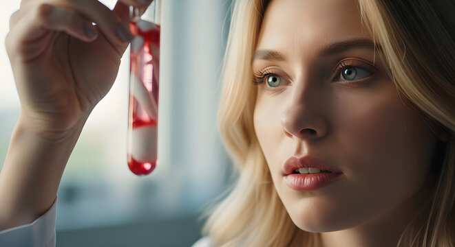 Woman scientist holding test tube with red liquid in laboratory. Medical research and chemical analysis concept. Innovative biology experiment for healthcare innovation.