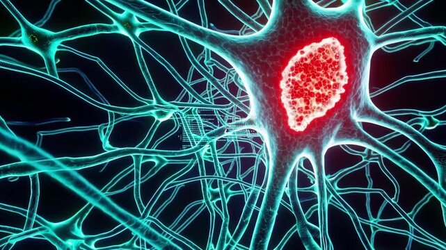 Close-up of neuronal network with edited gene in red, highlighting brain regulation function.