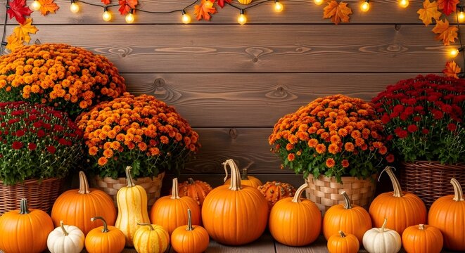 A rustic autumn display featuring vibrant mums, pumpkins, and gourds against a weathered wood backdrop, adorned with twinkling fairy lights and colorful fall foliage