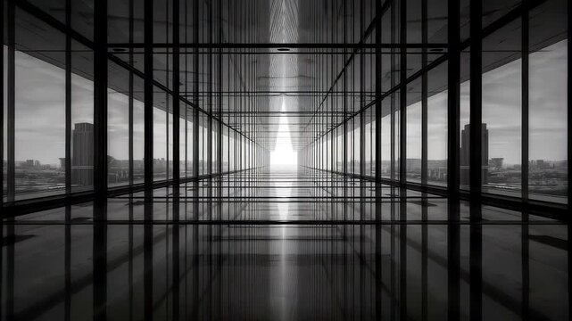 Symmetrical glass corridor stretching into a bright vanishing point with reflections on smooth surfaces, creating a dramatic monochrome architectural scene