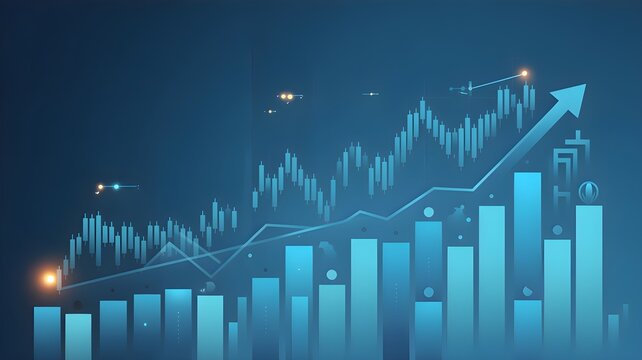 Rising financial chart showing market growth with upward trend lines and glowing indicators across blue background