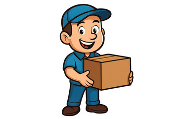 Delivery man cartoon character holding a delivery box, representing shipping services, logistic industry, and express courier