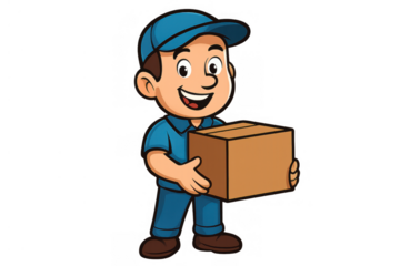 Delivery man cartoon character holding a delivery box, representing shipping services, logistic industry, and express courier
