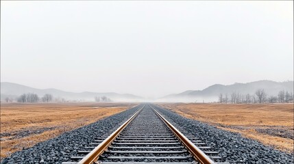 A straight railway track leads the eye towards distant, hazy mountains and bare trees in a field of dry, golden grass under a pale sky.