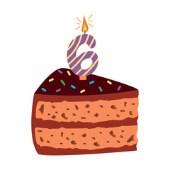 Birthday chocolate cake piece with flaming candle. Sweet holiday bakery slice. Vector flat illustration of a hand-drawn pie with a number 6-shaped topping on a white background.