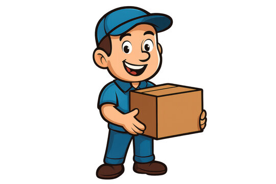 Delivery man cartoon character holding a delivery box, representing shipping services, logistic industry, and express courier