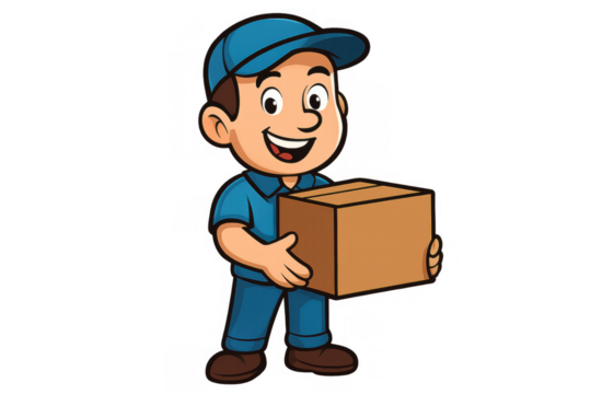 Delivery man cartoon character holding a delivery box, representing shipping services, logistic industry, and express courier