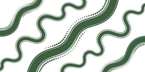Abstract background with green winding lines and dots on white surface in a seamless pattern