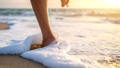 Person standing at the edge of a sandy beach being washed by a foamy wave at golden hour