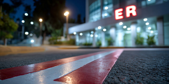 Close-up of red and white painted curb outside emergency room entrance at night with blurred hospital building and illuminated ER sign