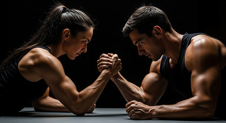 Two bodybuilders intensely arm wrestling showing their strength and determination in a competitive challenge