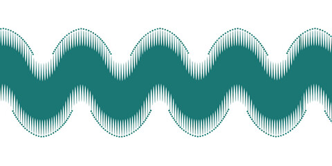 A wavy teal design with a dotted line and short vertical lines on a white background pattern graphic