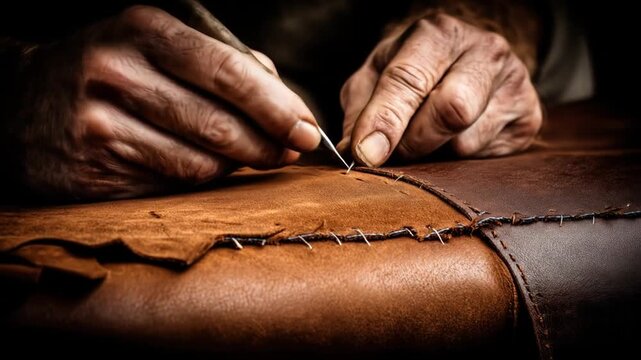 Close-up of hands working with leather and needle. Focus on stitching process. Dark, moody aesthetic