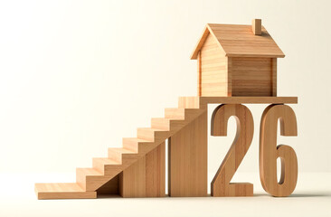 Wooden numbers 26 as a symbol of the New Year and a model of a house at the top of the stairs on a warm background. Direction of development of the real estate market and private sector in 2026