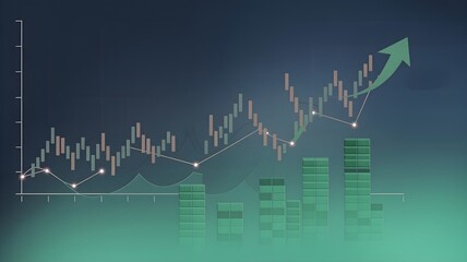 Blue financial bar chart representing strong economic progress with upward arrows and glowing trading signals