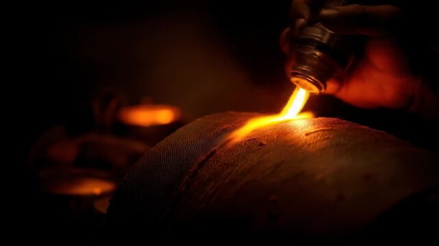 A medical procedure using heat. A tool emits a hot beam, treating skin in a dark setting